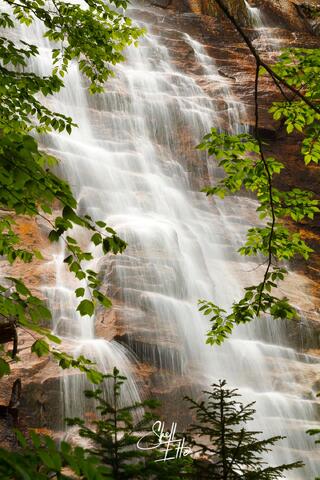 A zoomed in glimpse of Arethusa Falls cascading down the cliffs.