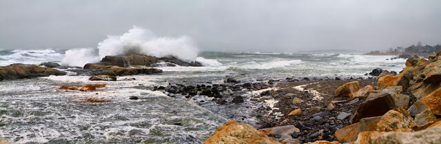 A panoramic shot of the hurricane Sandy hitting Rye Beach in Rye, NH
