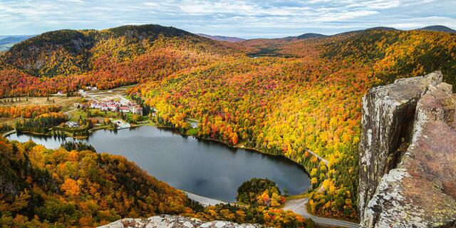 Autumn view of Lake Gloriette and Balsam's Resort in Dixville Notch from Table Rock