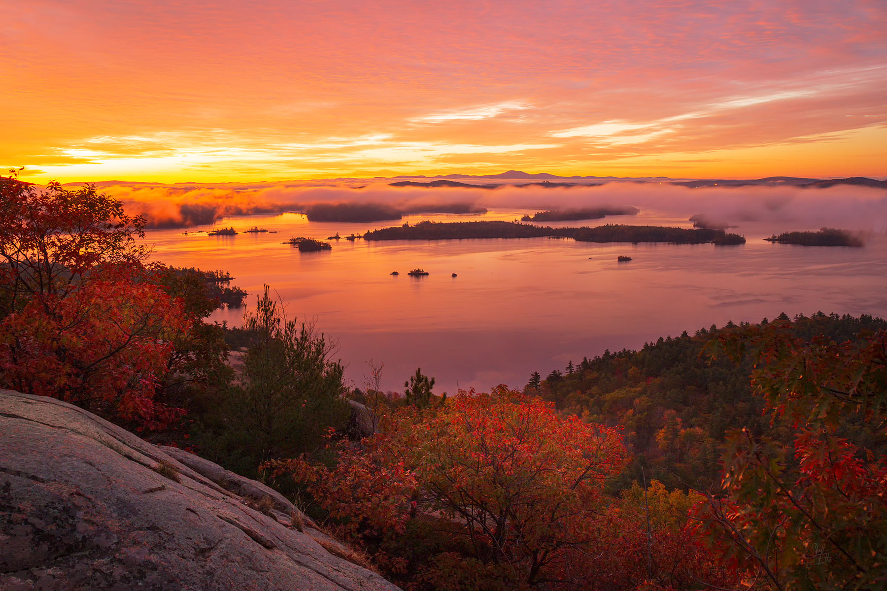 Sunrise Flames Over Squam Lake Squam Lake, sunrise, dawn, autumn, Rattlensnake Mtn
