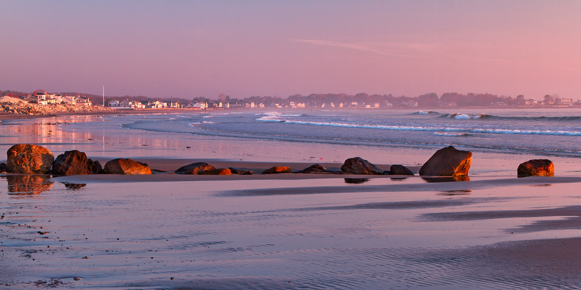 Morning Stretch Dawn, Rye Beach Pink dawn on the beach during low tide at Rye Beach in Rye, NH