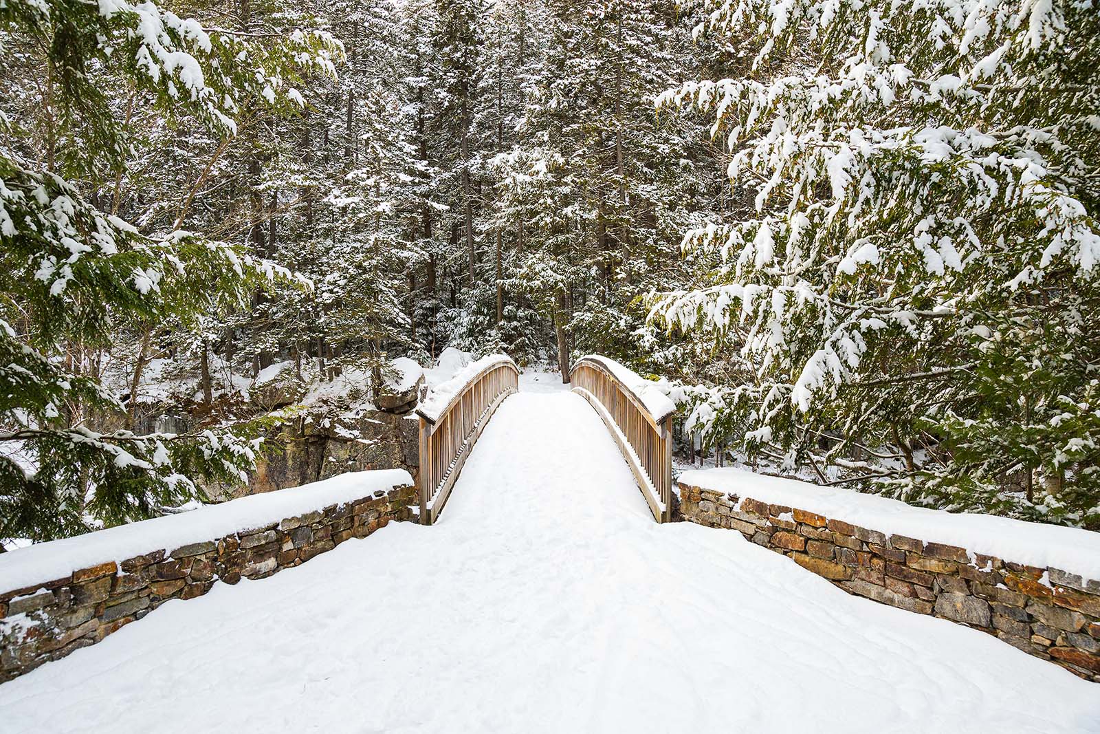 Rocky Gorge Bridge in Winter The scenic Rocky Gorge pedestrian bridge in winter on the Kancamagus Hwy in Albany, NH