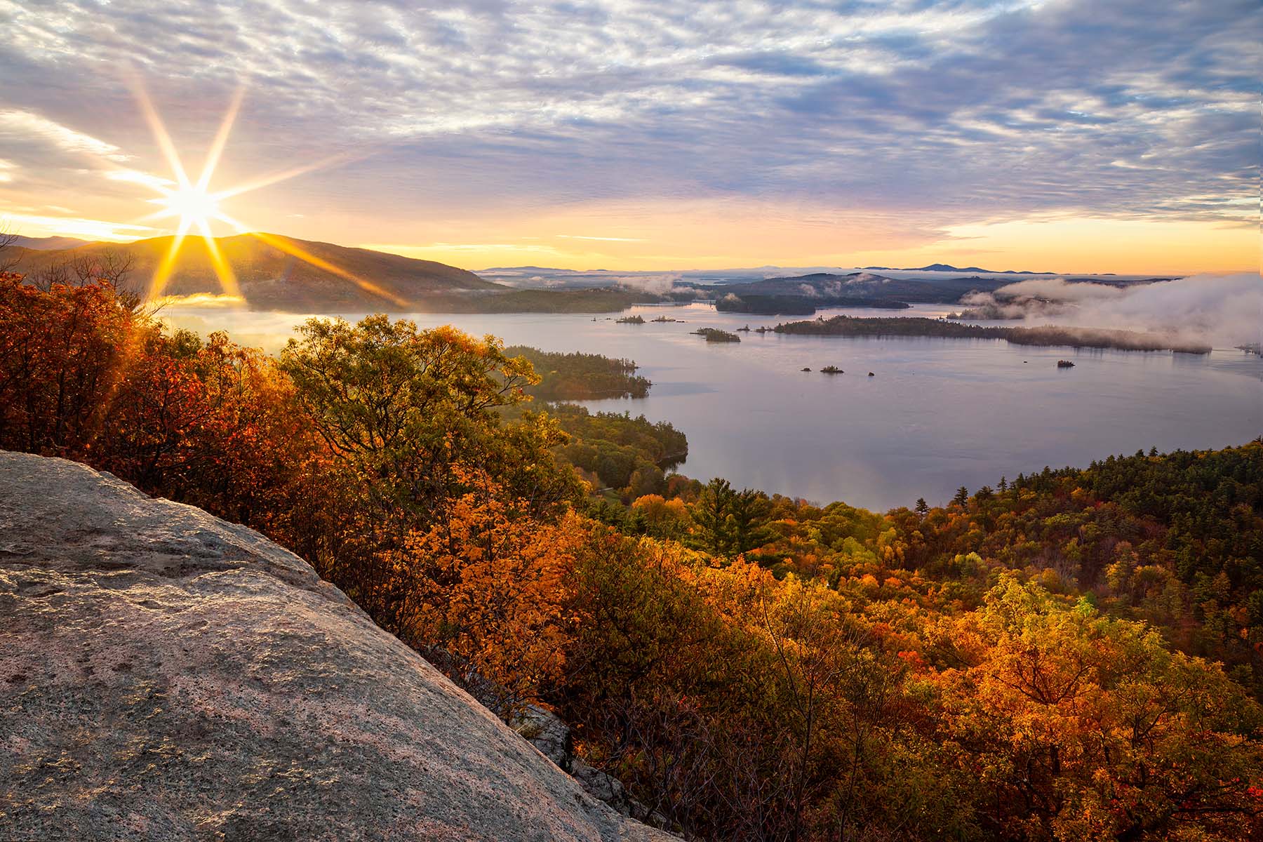 Sunstar Autumn Squam Rattlesnake Squam Lake, sunrise, dawn, autumn, Rattlensnake Mtn